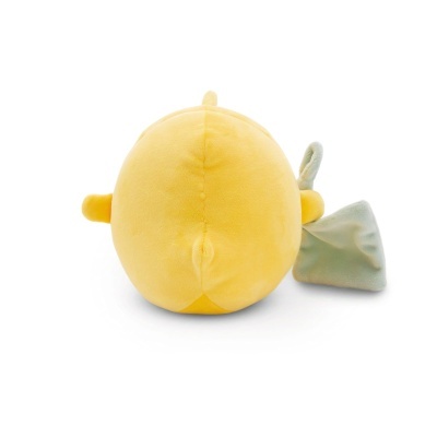 Pelúcia redonda amarela com laço cinza claro