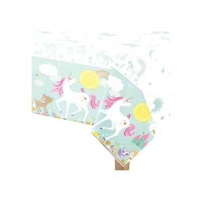 Lençol infantil com desenho de unicórnio, arco-íris, sol e animais, cores suaves