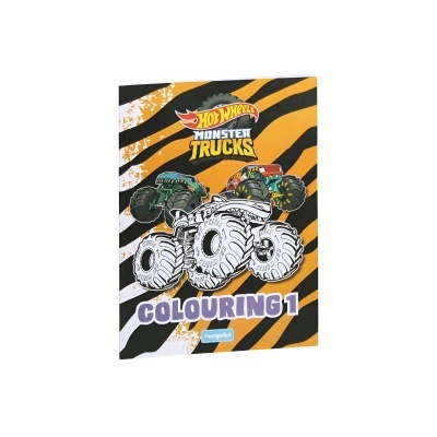 Livro de colorir Hot Wheels Monster Trucks com imagens de camiões monstruosos e padrão de pele de tigre