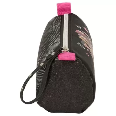 Estojo preto com padrão de linhas brancas e detalhes rosa
