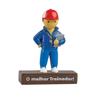 Estatueta de treinador desportivo com base castanha e texto