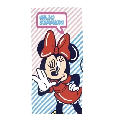Toalha com estampa da personagem Minnie Mouse em vestido vermelho e texto HELLO SUMMER!
