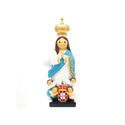 Estátua decorativa de Nossa Senhora com manto azul e vestido branco com coroa dourada