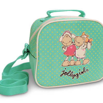 Mala infantil verde água com padrão de bolinhas amarelas, ilustração de ovelhas e texto 'Jollygirls'.
