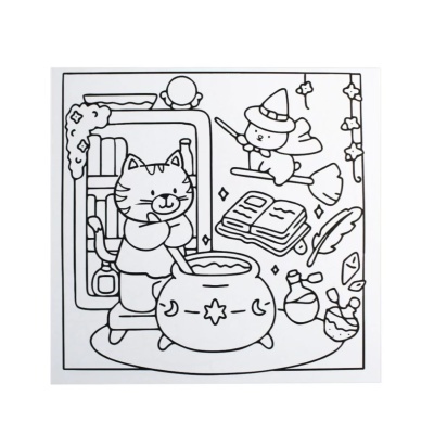 Desenho a preto e branco para colorir com gato mágico, caldeirão, livros e ingredientes mágicos
