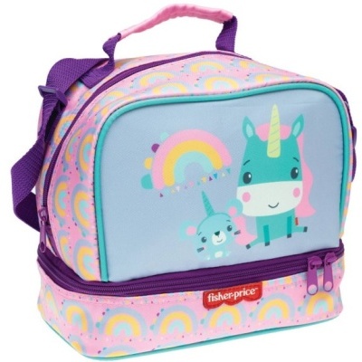 Mala térmica Fischer-Price com padrão de arcos-íris e desenho de unicórnio