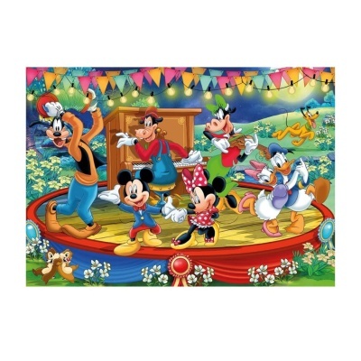 Puzzle colorido com personagens da Disney num cenário festivo