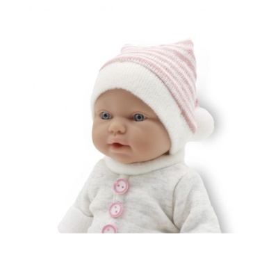 Boneca bebé com roupa branca e gorro riscado cor de rosa
