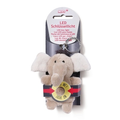 Porta-chaves de peluche elefante com luz LED e embalagem com texto multilíngue.