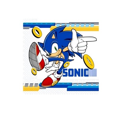 Desenho do personagem Sonic azul com anéis amarelos e palavra SONIC