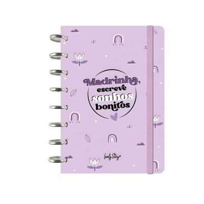 Caderno lilás com texto e desenhos de flores e arco-íris