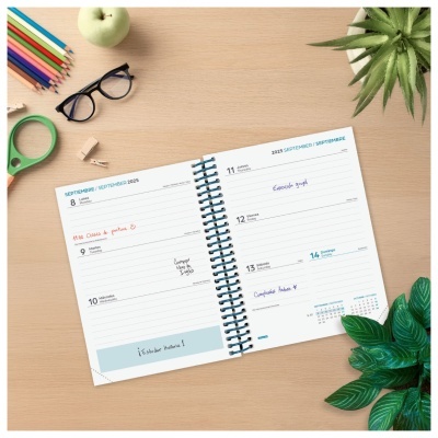 Agenda semanal aberta sobre mesa com lápis de cor, óculos, maçã, tesoura e plantas