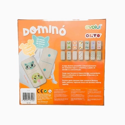 Embalagem laranja jogo dominó Evolut Olivo com peças de madeira e desenhos animais