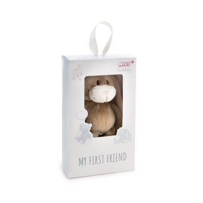 Peluche castanho em embalagem branca com texto