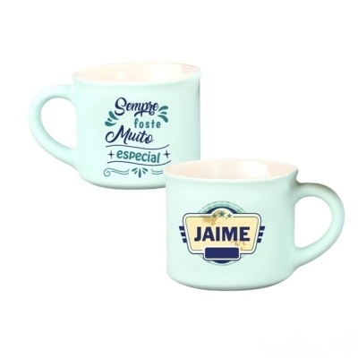 Duas canecas azuis claras com frases e nome Jaime