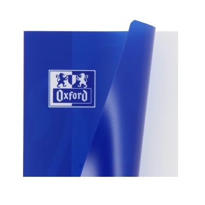 Capa de caderno azul com logótipo Oxford e dois leões.