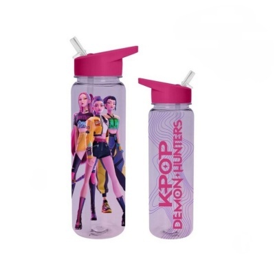 Duas garrafas de plástico com tampa rosa e desenhos animados e texto rosa