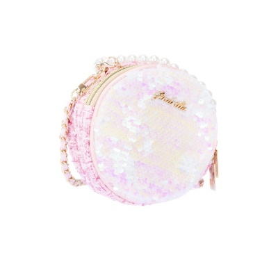 Mala redonda cor-de-rosa com lantejoulas brancas e douradas