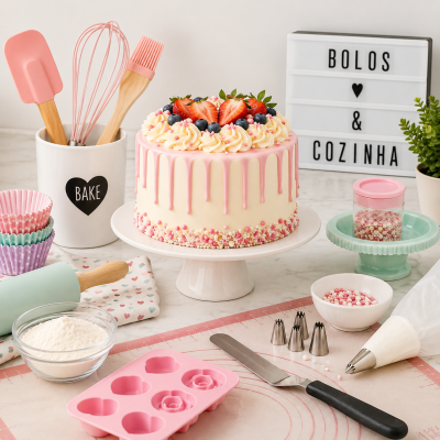 Bolo decorado com frutas e utensílios de pastelaria em tons rosas e azuis