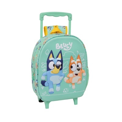 Mala de viagem infantil azul com personagens de desenhos animados e alça extensível