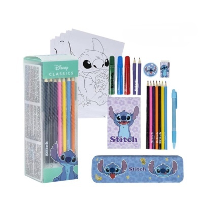 Conjunto de material de desenho Disney Stitch com desenhos e produtos coloridos.