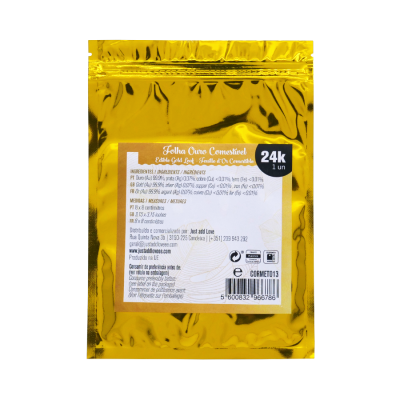 Embalagem dourada com etiqueta branca de folha de ouro comestível 24k