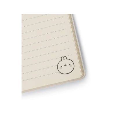 Página de caderno com linhas e desenho de rosto de coelho