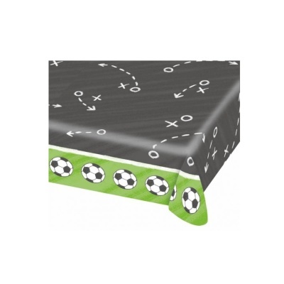 Toalha de mesa cinza com desenhos táticos e borda verde com bolas de futebol