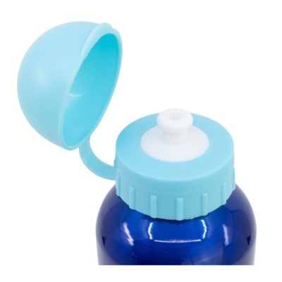 Garrafa azul metálica com tampa azul claro e bocal branco