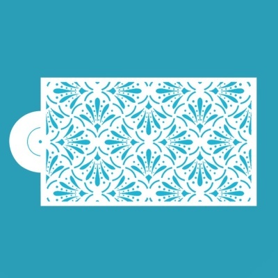 Stencil retangular branco com padrão floral sobre fundo azul