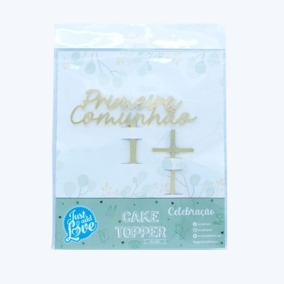 Cake topper dourado para Primeira Comunhão embalado em saco plástico transparente com etiqueta verde