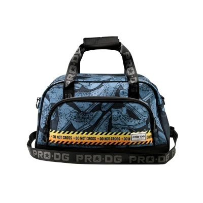 Mala de desporto azul com padrão de ténis e detalhes em preto e amarelo