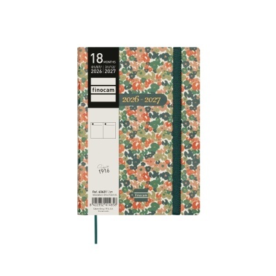 Agenda com capa florida colorida e etiqueta branca com texto e código de barras