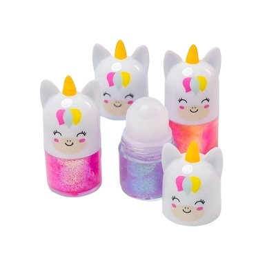 Frascos de roll-on com tampa de unicórnio e glitter colorido