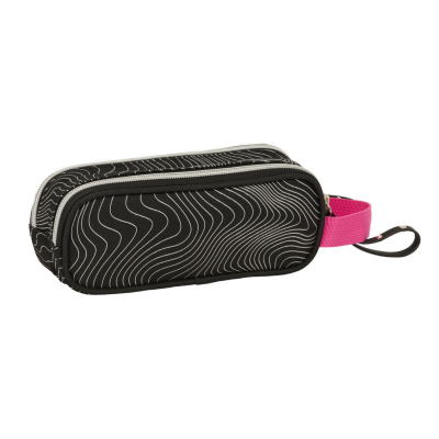 Saco de cintura preto com padrão branco e alça rosa