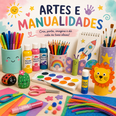 Material artístico colorido para manualidades com tintas, lápis, pincéis, cola e tesouras em fundo claro.