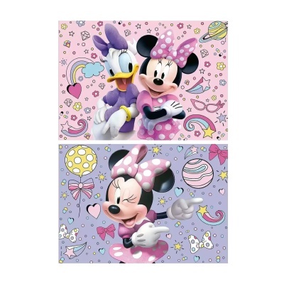 Ilustrações da Minnie Mouse e Daisy Duck em fundos coloridos com padrões de estrelas, flores, corações, laços e planetas.