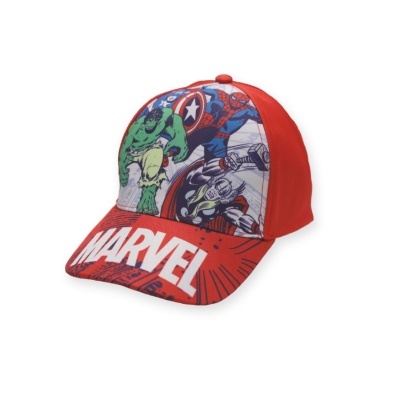 Boné vermelho com estampa Marvel e personagens no frontal