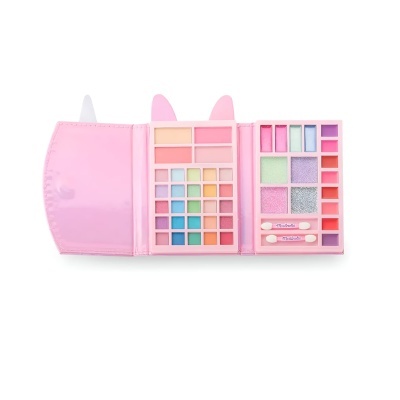 Paleta de maquilhagem rosa com sombras, blushes e glosses