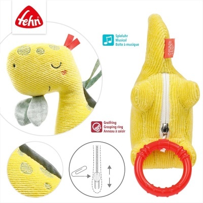Brinquedo musical de dinossauro amarelo com anel vermelho e fecho de correr branco