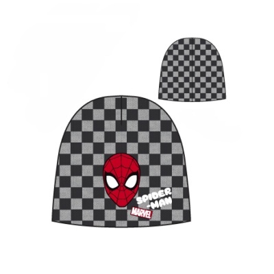 Gorro de malha com padrão de quadrados cinza e preto e rosto do Spiderman