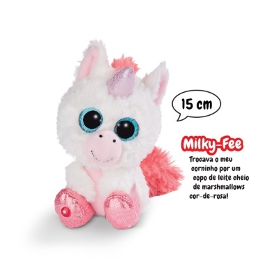 peluche unicórnio branco e rosa com olhos azuis e texto promocional