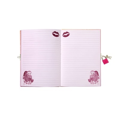 Caderno cor-de-rosa aberto com ilustrações e cadeado