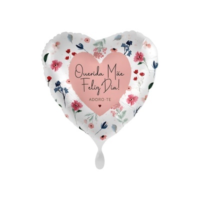 Balão metálico em forma de coração com mensagem para mãe e flores decorativas