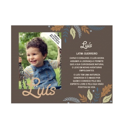 Cartão decorativo castanho com foto de menino e texto sobre o nome Luís