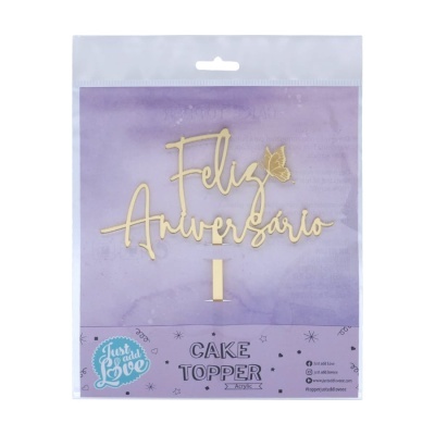 Cake topper dourado Feliz Aniversário em embalagem lilás