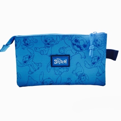 Estojo azul com padrão do Stitch e etiqueta Disney Stitch