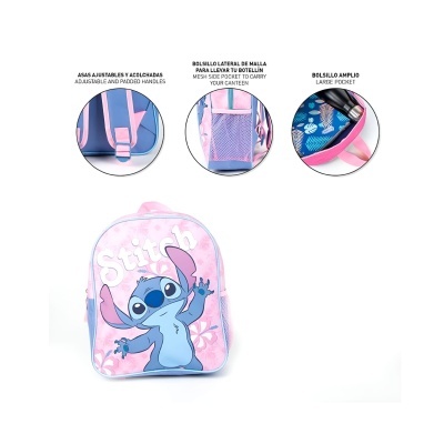 Mochila rosa com personagem Stitch e bolsas multifuncionais