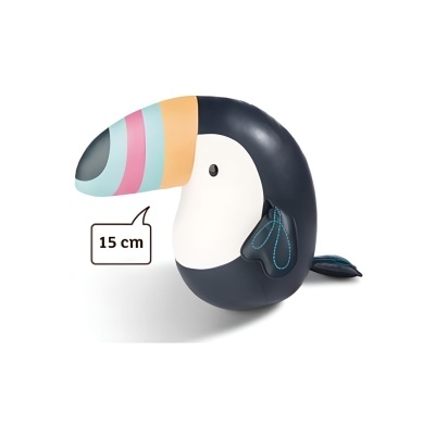 Objeto decorativo em forma de tucano colorido com etiqueta 15 cm