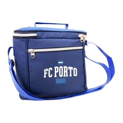Mala térmica azul com texto FC PORTO 1893 e alça ajustável
